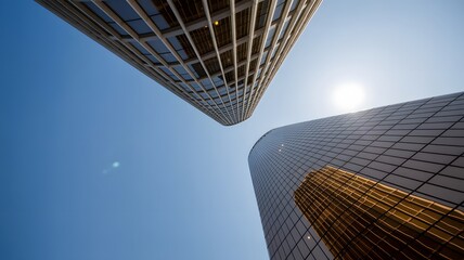Low angle view of modern glass skyscrapers against blue sky