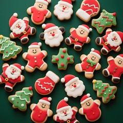 4k high quality Ai generative HD photo realistic red green white Christmas tree ornament decoration gingerbread biscuit cookies milk chocolate Santa Claus background icing sugar sweet full