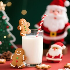 4k high quality Ai generative HD photo realistic red green white Christmas tree ornament bauble decoration gingerbread bake oven cookies glass milk joy mini Santa Claus carol candy cane straw joy yum