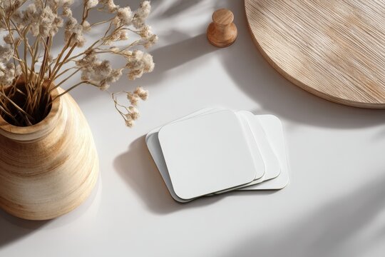 Vibrant photo of Aesthetic flat lay of square coasters and dried flowers on a white table with natural light and shadows