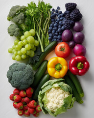 Colorful Assortment of Fresh Fruits and Vegetables in a Vibrant Flat Lay