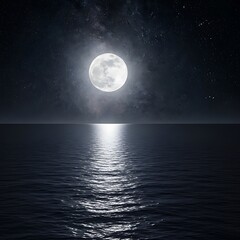 Obraz premium A serene nighttime seascape, featuring a brilliant moon illuminating a calm ocean, dotted with stars.