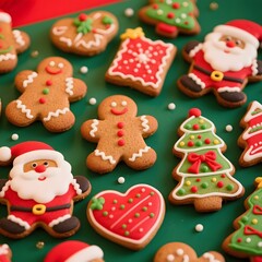4k high quality Ai generative HD photo realistic red green white Christmas tree ornament decoration gingerbread biscuit cookies milk chocolate Santa Claus background icing sugar sweet closeup