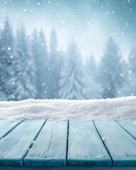 Winter wonderland background with snowy wooden surface