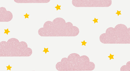 A charming seamless pattern featuring soft pink clouds and bright yellow stars scattered across a gentle white background, ideal for children's designs.