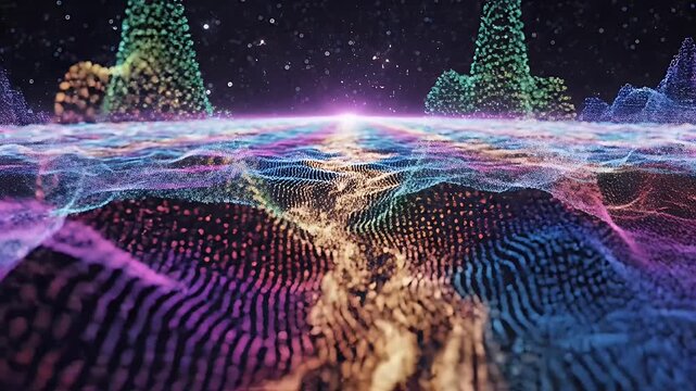 Futuristic digital landscape loop with glowing wireframe mountains and neon particle grid waves flowing towards a bright horizon in deep space.