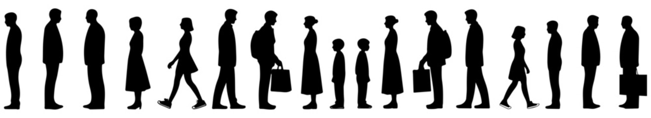 People Silhouette Collection Vector – Standing and Walking Human Figures, Crowd Outline Characters, Business and Everyday People Poses, Black Silhouette Illustration Set on White Background