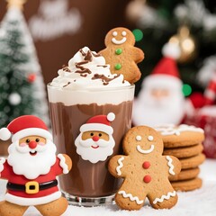 4k high quality Ai generative HD photo realistic red green white Christmas tree ornament bauble decoration gingerbread man bake oven cookies chip cup glass milk chocolate Santa Claus background