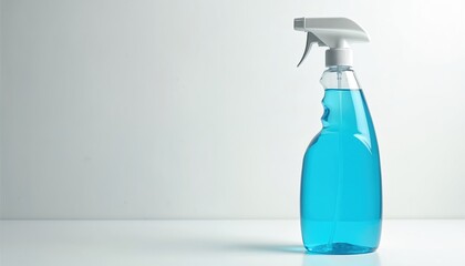 Clear plastic spray bottle contains blue cleaning liquid. Product has white trigger sprayer and rests on white surface against light blue wall. It is suitable for household cleaning and hygiene tasks.