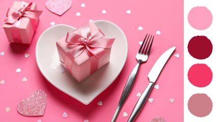 Beautiful table setting with gift on pink background. Different color patterns