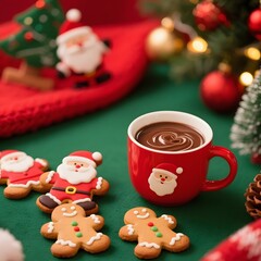 4k high quality Ai generative HD photo realistic red green white Christmas tree ornament bauble decoration gingerbread bake oven cookies cup mug milk chocolate Santa Claus background closeup