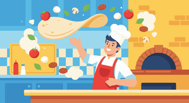 "Pizza Chef Tossing Dough"
Flat vector pizza chef flipping dough in the air, pizza ingredients floating around (tomatoes, cheese, basil), bright cheerful colors.