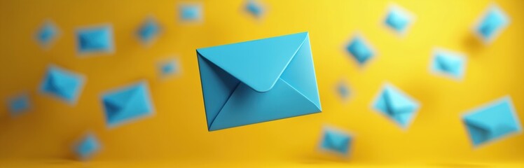 Blue envelopes float on a vibrant yellow background. They represent digital messages, online correspondence, and communication networks. This visual concept signifies data transfer and connection.