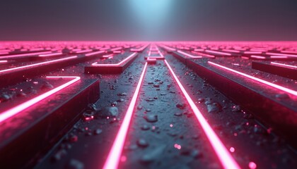 Dark abstract labyrinth with bright pink neon lines. The glowing path leads forward into digital space. Wet textured surface reflects light creating depth. Futuristic circuit board pattern.