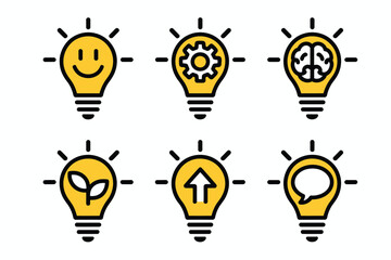 Creative idea stylish icon set including light bulbs, brain imagery, gears, and plant symbols, suitable for innovation visuals, thoughtful problem solving themes, growth concepts, 