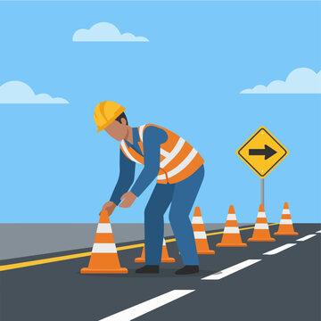 "Road Construction Worker with Safety Cones"
Flat vector worker placing traffic cones, road lines in simple geometric forms, bold warning colours (orange, yellow), flat minimal style.