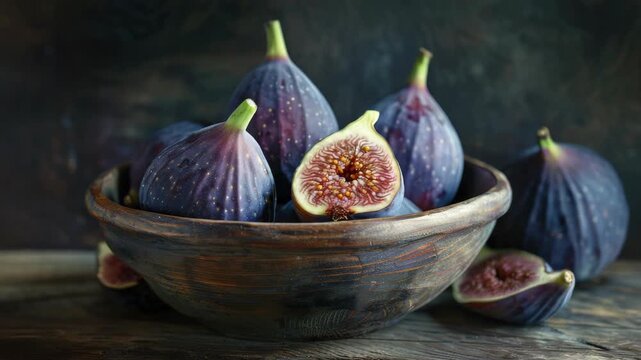 Bowl filled with fresh purple figs on rustic surface