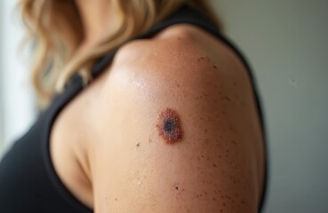 Fototapeta premium Close up view of a woman shoulder showing a suspicious mole. This shows a potential sign of malignant melanoma requiring medical attention and skin checkup for early detection.