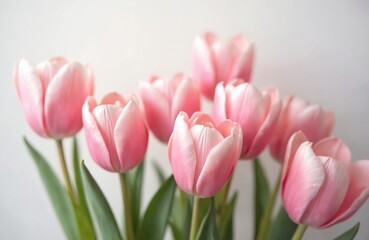 Fototapeta premium Soft pink tulips bloom gently against clean white background. Their delicate petals unfurl, revealing natures beauty. Green stems and leaves provide subtle contrast to pastel floral arrangement.