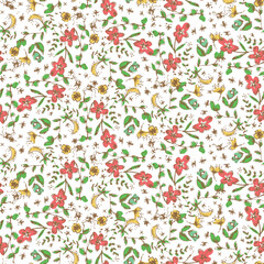 Ditsy Floral Seamless Pattern - Vintage Hand-Drawn Wildflower Background