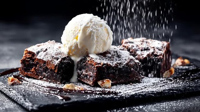 A delectable serving of rich chocolate brownies topped with a scoop of creamy vanilla ice cream, dusted with powdered sugar, set against a dark, textured background, ideal for dessert menus