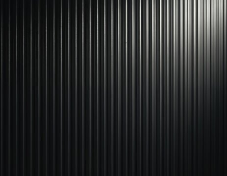 Vertical matte corrugated metal sheet texture background with dramatic light, shadow. Stark industrial material backdrop for design, construction, grunge themes. Minimalist pattern for digital print.