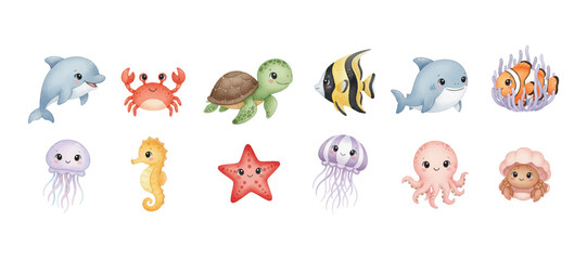 watercolor kawaii sea animals collections