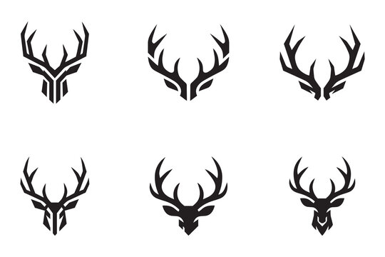 Collection of modern black deer head logos with antlers abstract stag emblems