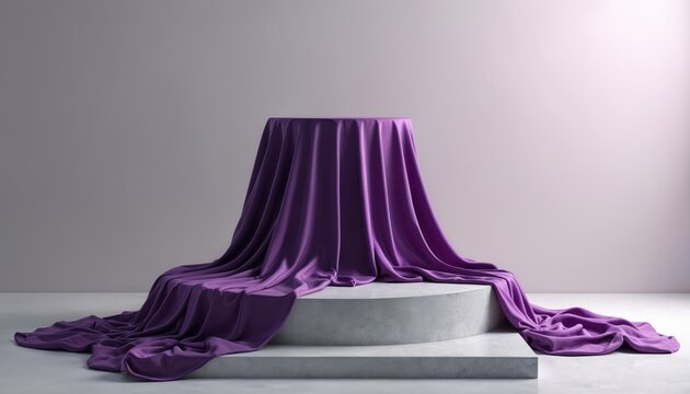 Purple silk fabric covers pedestal. Smooth textile hides product or object on stage. Anticipation builds for event reveal, launch, or unveiling. Elegant draped cloth creates suspense.