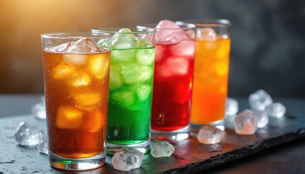 Four tall glasses with colorful sweet drinks filled with ice cubes sit on a dark surface. Beverages range from amber to bright green red and orange creating a vibrant refreshing assortment.