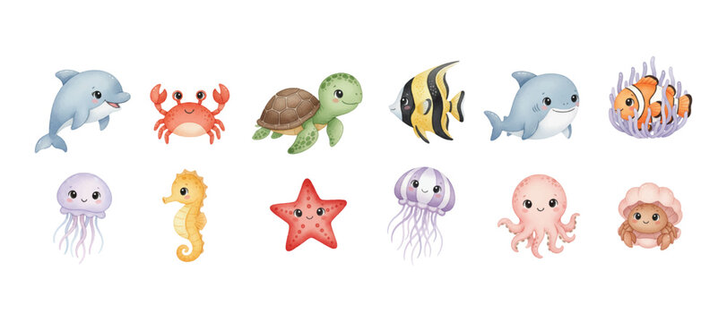 watercolor kawaii sea animals collections