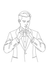 line drawing of a groom adjusting his bow tie