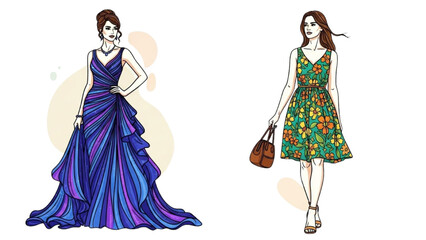 Fototapeta premium High-quality black outline colorful art of two women, one wearing a flowing evening gown posing gracefully, and the other in a casual summer dress walking with a relaxed posture holding a small bag