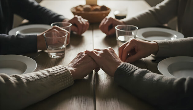 Close-up of family members holding hands at a dinner table, praying or showing unity before a meal, conveying concepts of gratitude, faith, and togetherness.