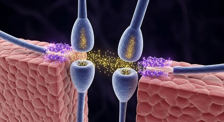 Detailed illustration of a neurotransmission process showing synaptic vesicles releasing neurotransmitters.