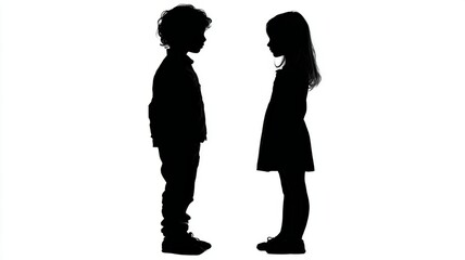 Kids boy and girl silhouette set featuring playful child figures in standing and active poses, minimalist black illustration elements isolated on white background for creative design and educational p
