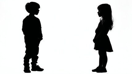 Kids boy and girl silhouette set featuring playful child figures in standing and active poses, minimalist black illustration elements isolated on white background for creative design and educational p