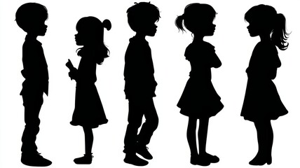 Kids boy and girl silhouette set featuring playful child figures in standing and active poses, minimalist black illustration elements isolated on white background for creative design and educational p