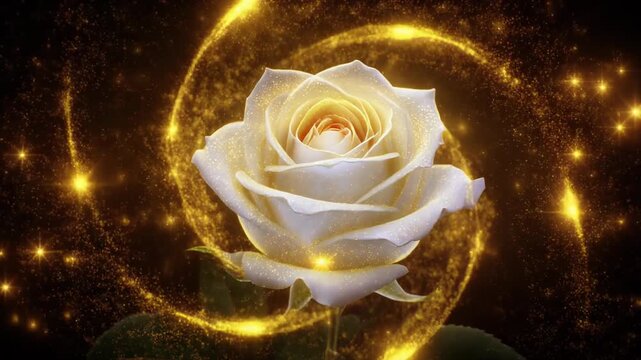 Enchanted white rose with sparkling golden light swirl on dark background symbolizing purity and magic
