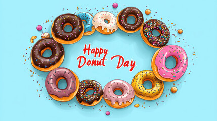 Celebrate national donut day with a colorful assortment of delicious donuts arranged in a circle on a vibrant blue background, a sweet treat