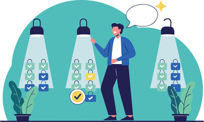 Man selecting secure digital assets in modern locker system, ensuring safe data storage, with a speech bubble for dialogue and a bright, positive atmosphere