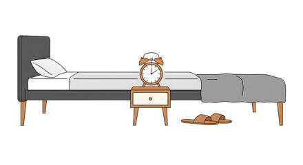 Minimalist Bedroom Interior with Bed, Nightstand, Alarm Clock & Slippers. Simple Home Decor Illustration