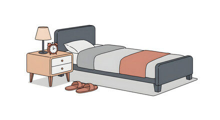 Cozy Minimalist Bedroom Interior Design Illustration with Bed, Nightstand, Lamp, Alarm Clock, and Slippers