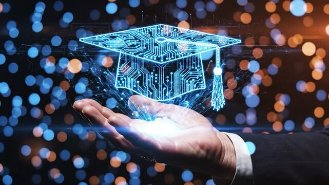 Digital graduation cap with circuit board pattern in hand future education concept