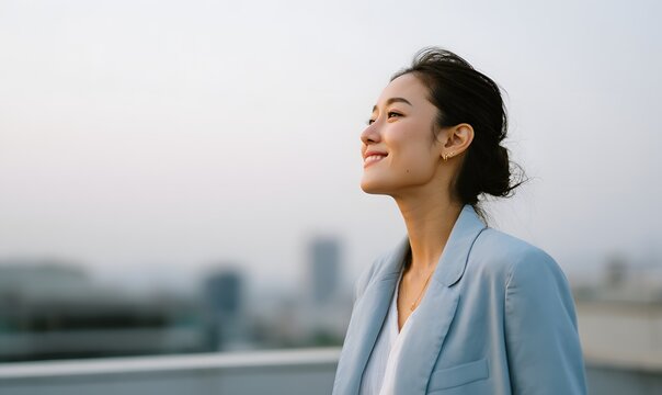 a young Asian woman in a light blue suit, standing on a rooftop in a modern city, right side of the frame, side profile, looking up with a hopeful smile