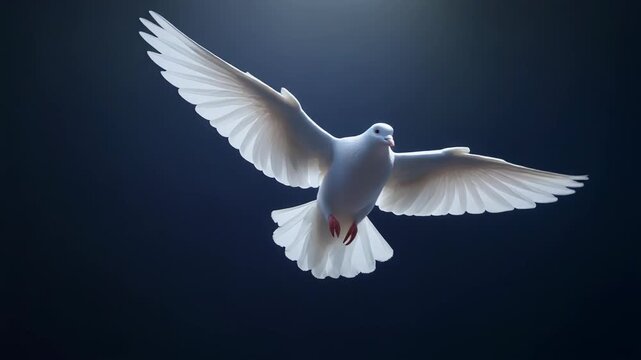White dove with outstretched wings on a dark background in flight
