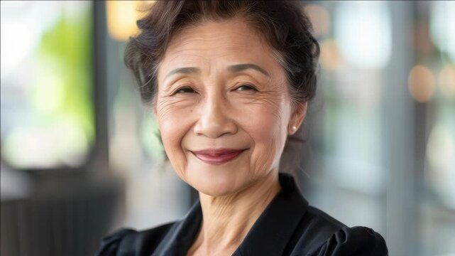 A cheerful elderly Asian female posing for a professional portrait
