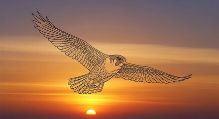 A majestic peregrine falcon soars through a vibrant sunset sky, its detailed silhouette outlined against the golden hues.