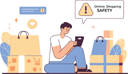 Stay safe shopping online! Man checking tablet surrounded by packages and online shopping safety warnings, promoting secure e-commerce practices today