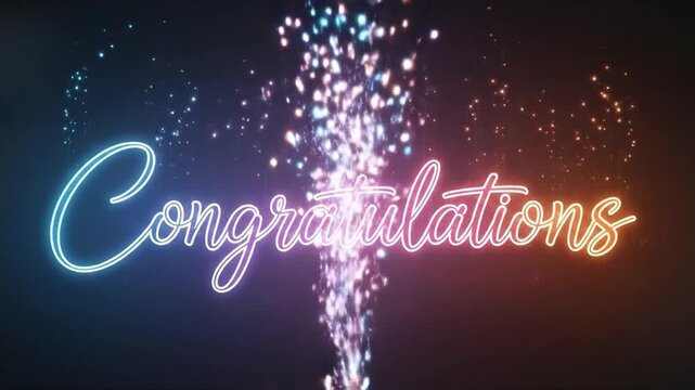 Animated congratulations message with vibrant neon lights and sparkling particles